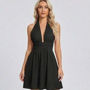 Backless Halter Mini Dress Black